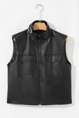 Gilet sans manches noir en similicuir à col montant, zippé