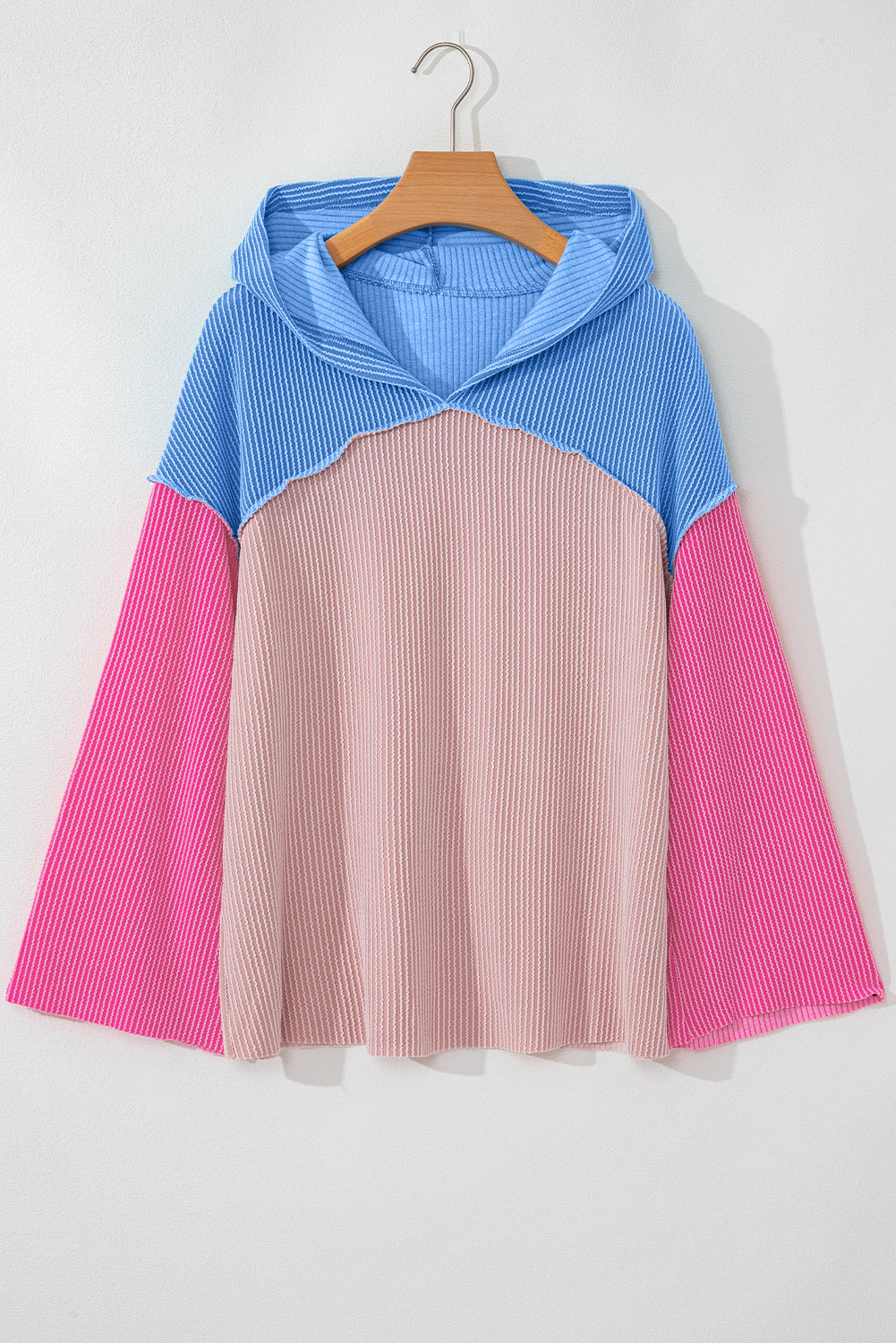 Chemisier à capuche coupe ample en tricot cordé patchwork color block rose-A WOMAN WE LOVE