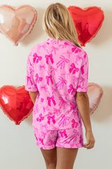 Ensemble pyjama rose avec chemise à manches mi-longues et short à imprimé nœud-A WOMAN WE LOVE