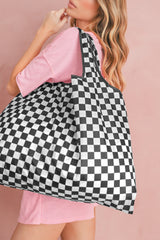 Grand sac cabas noir en toile à imprimé damier
