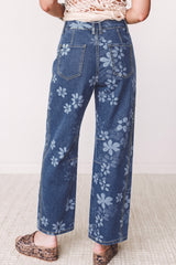 Blue Floral Print Ankle Length Casual Pocket Jeans