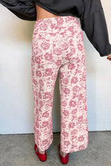 Pantalon droit en denim rose à imprimé floral vintage