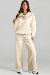 Ensemble 2 pièces beige avec veste zippée à épaules tombantes