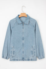 Veste en jean bleu myosotis zippée à finitions élastiquées