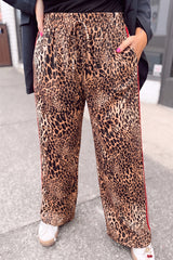 Pantalon large marron léopard grande taille à bandes latérales contrastées