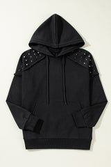 Black Raglan Sleeve Solid Color Rivets Hoodie with Pocket