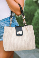 Petit sac cabas noir à texture tressée et anse chaîne