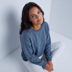 Sweat-shirt bleu uni en tricot côtelé à col rond
