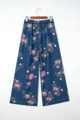 Jean large bleu fleuri à taille haute élastiquée, cordon et plis