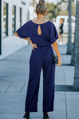 Combinaison bleue à jambe large et ceinture-A WOMAN WE LOVE