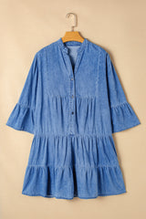 Robe courte bleu ciel en chambray à volants