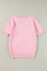 Pull à manches courtes et col en V au crochet à fleurs rose