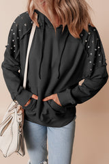 Black Raglan Sleeve Solid Color Rivets Hoodie with Pocket