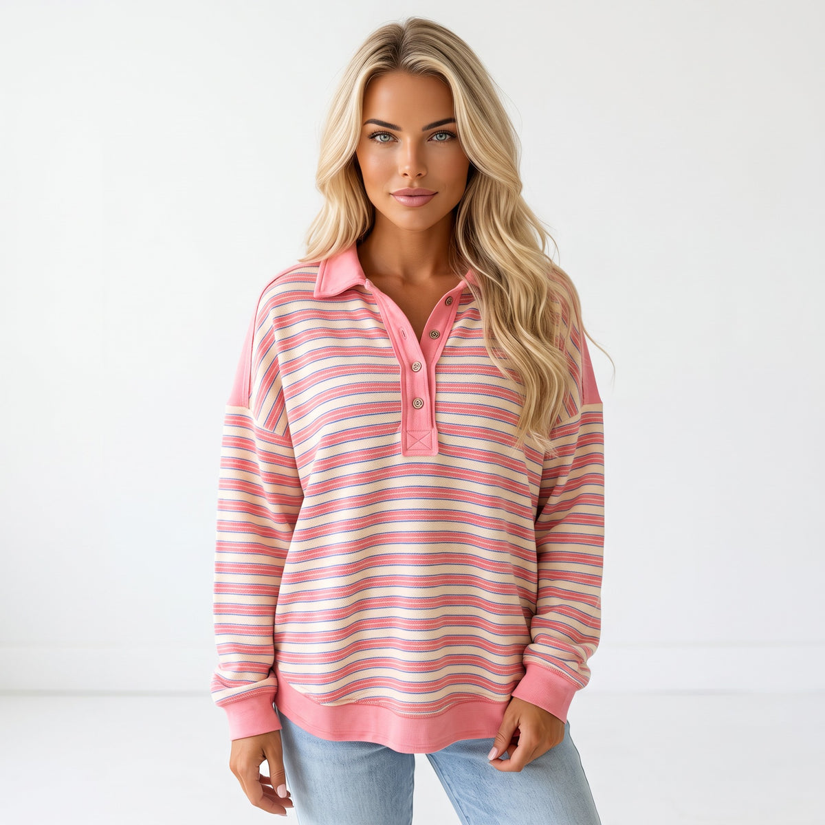Pink striped high button and v * collar