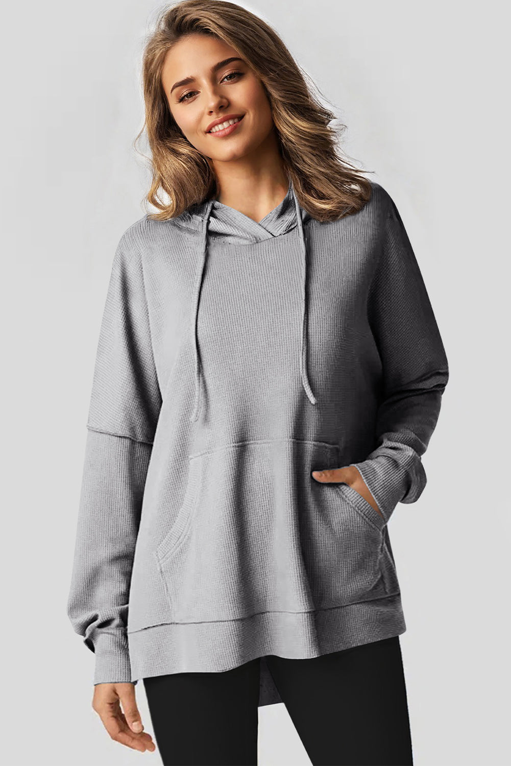 Grey Waffle Knit Fleece Lined Oversized High Low Hoodie
