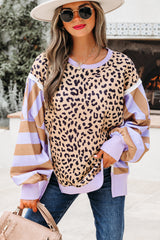 Sweat-shirt oversize patchwork léopard et rayures violettes à fentes