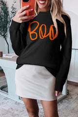 Black sweater with drooping shoulders and ribbed edges with Boo knitted pattern