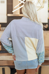 Sweat-shirt beige imprimé floral et rayé à col chemise