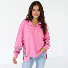 Sudadera Henley con dobladillo alto y bajo en mosaicos de lentejuelas de dulces