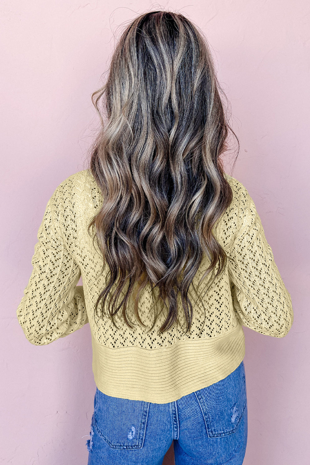 Cardigan court jaune crème en maille pointelle ouvert sur le devant-A WOMAN WE LOVE