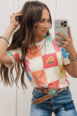 Orange round-collar t-shirt and checkered print *