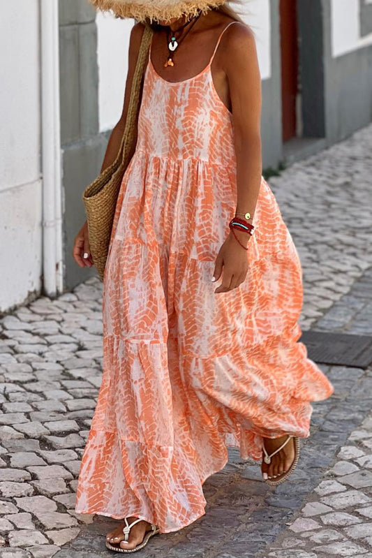Vestido largo tirantes finos con estampado abstracto sin espalda y gradas naranja