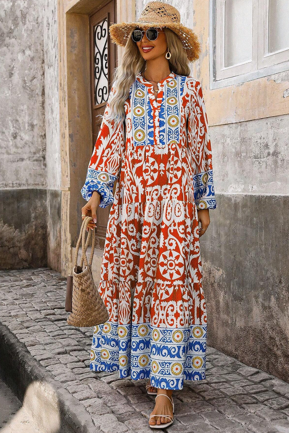 Robe longue orange à manches longues et imprimé géométrique Boho