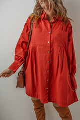 Tomato Red Bishop Sleeve Button Down Pleated Shirt Mini Dress
