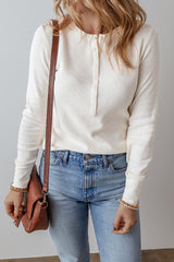 White Long Sleeve Top with Solid Color Waffle Half Button