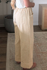 Pantalon abricot rayé en coton à cordon et poches devant