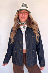 Navy Blue Contrast Collar Stitched Detail Button Denim Jacket