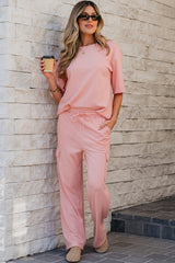 T-shirt with mid-long sleeve and cargo-apricot cargo surface pants
