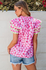 Blouse rose à manches volantées superposées Ric Rac contrastée à fleurs-A WOMAN WE LOVE