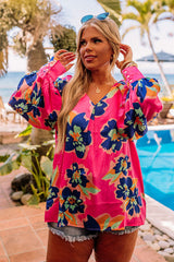 Chemisier à motif floral rose, col en V, manches ballon, grande taille-A WOMAN WE LOVE