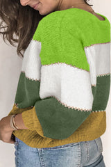 Plus Size Green Color Block Patchwork Sweater