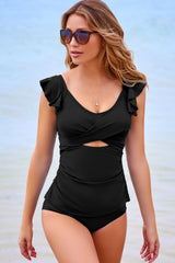Maillot de bain 2 pièces noir, couleur unie