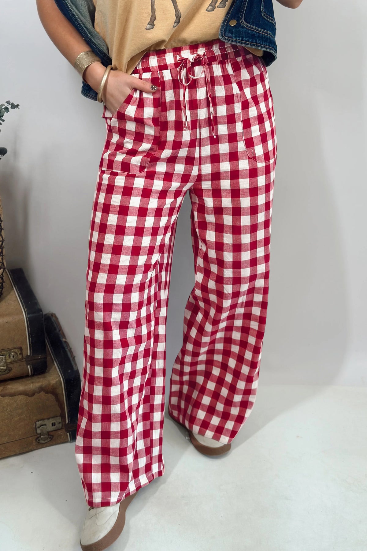 Pantalon ample en coton à carreaux vichy, taille élastiquée et lien