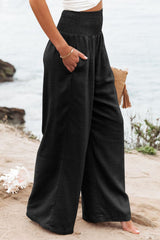 Black high waisted ruched wide leg pants plus size