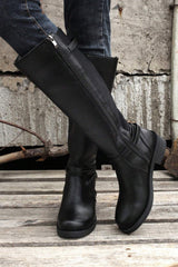 Bottes hautes noires en simili cuir à talon bas large et zip latéral