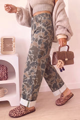 Jean droit ample multicolore camouflage à pressions latérales et revers