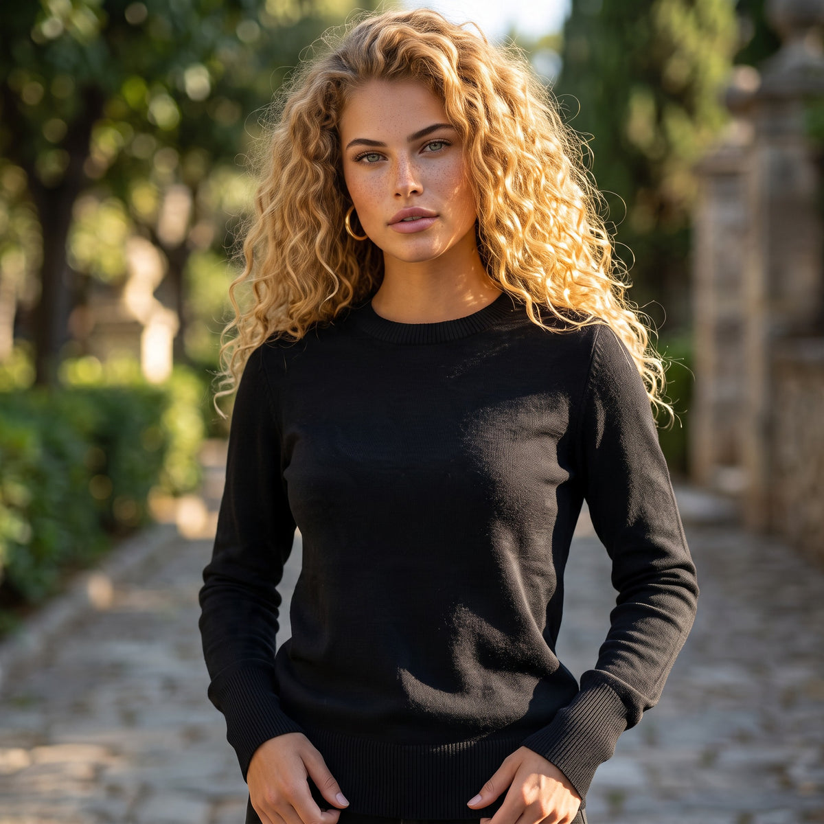 Pull noir léger à col rond et coupe ajustée