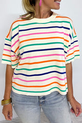 Haut tricoté à manches courtes tombantes à rayures beiges, coupe carrée