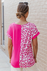 Short sleeve top in pink half-leopard patchwork