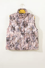 Gilet doudoune marron sans manches à imprimé camouflage feuillage