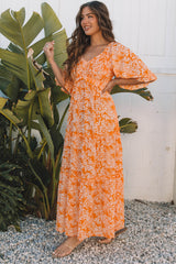 Smocked long dress with orange floral print*