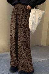 Pantalon ample en velours côtelé taille haute élastique imprimé léopard