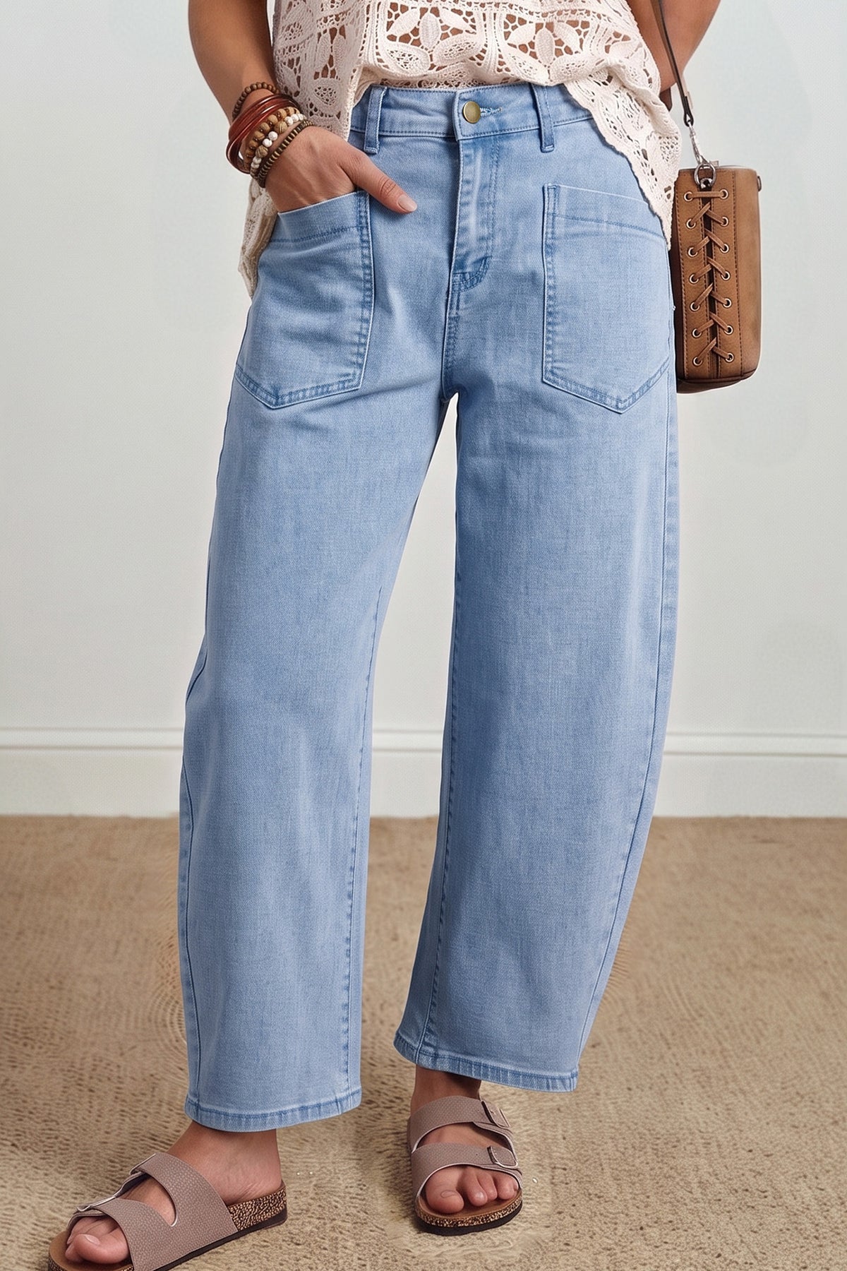 Jean baril uni à taille mi-haute et poches plaquées carrées