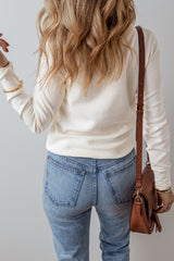 White Long Sleeve Top with Solid Color Waffle Half Button
