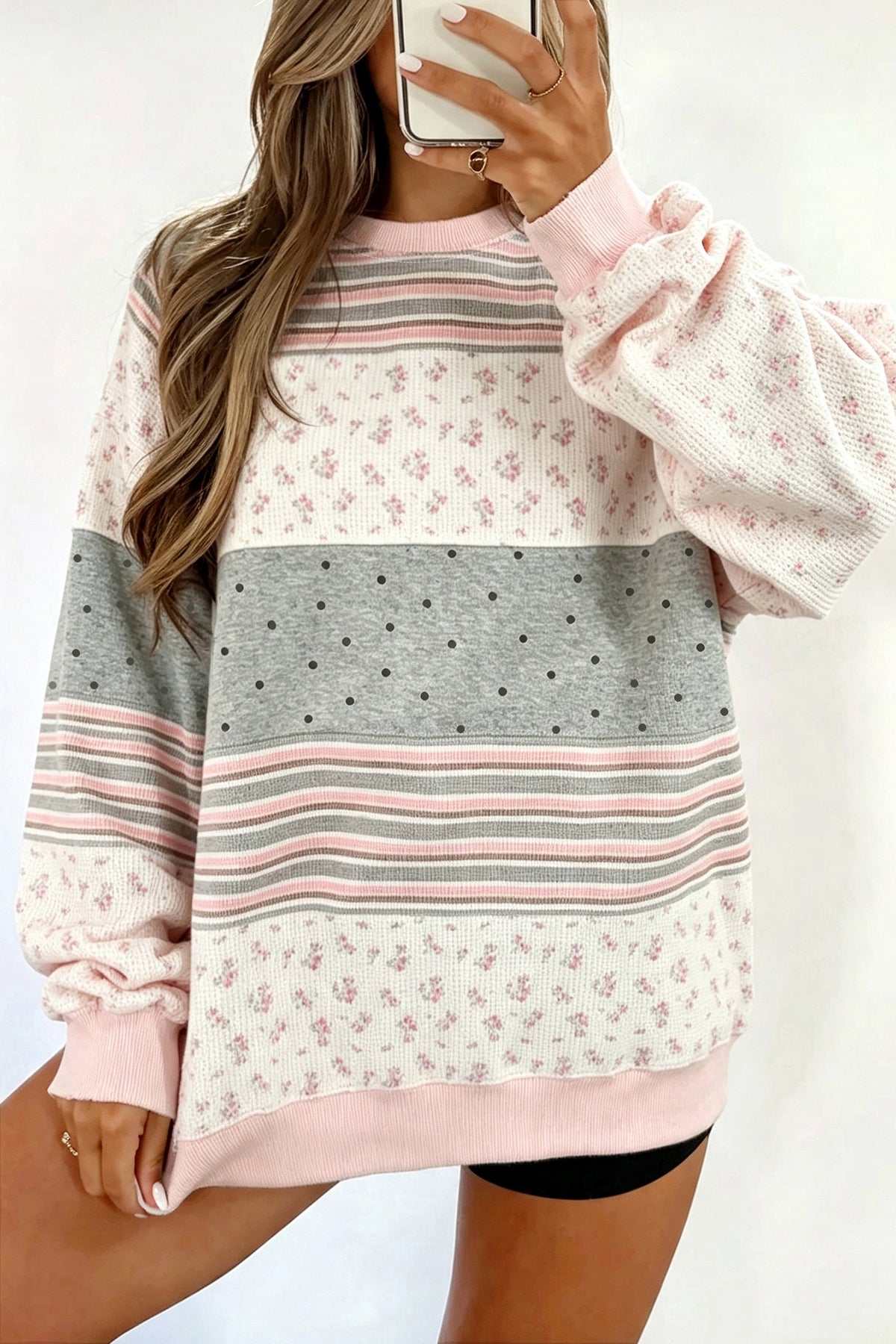 Sweat-shirt rose patchwork à fleurs, rayures et pois