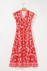 Robe longue rouge style bohème à fleurs, manches courtes